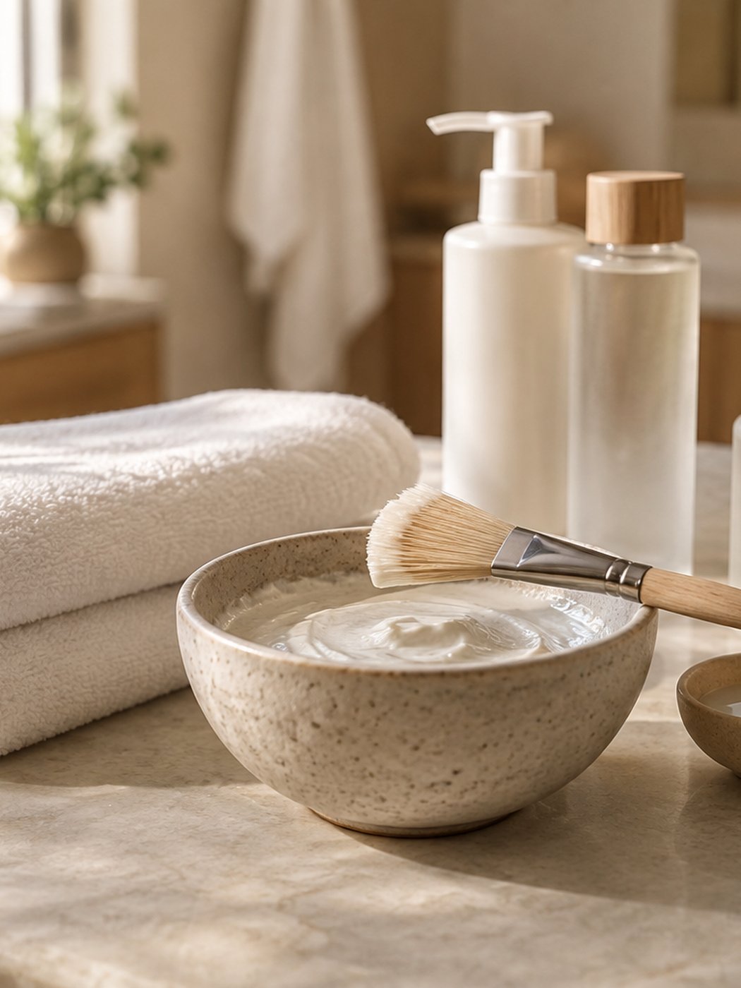 Facial skincare essentials: folded towels, a cleansing bowl and treatment products (AI-generated illustrative image)