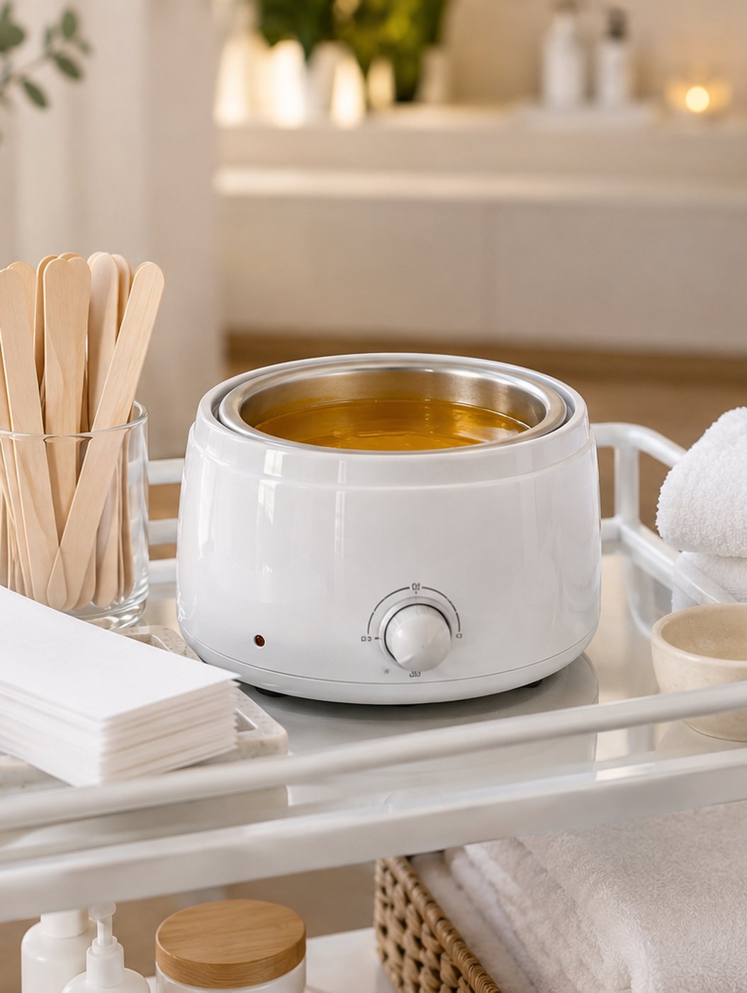 Waxing treatment essentials: a wax warmer, applicator sticks and strips (AI-generated illustrative image)