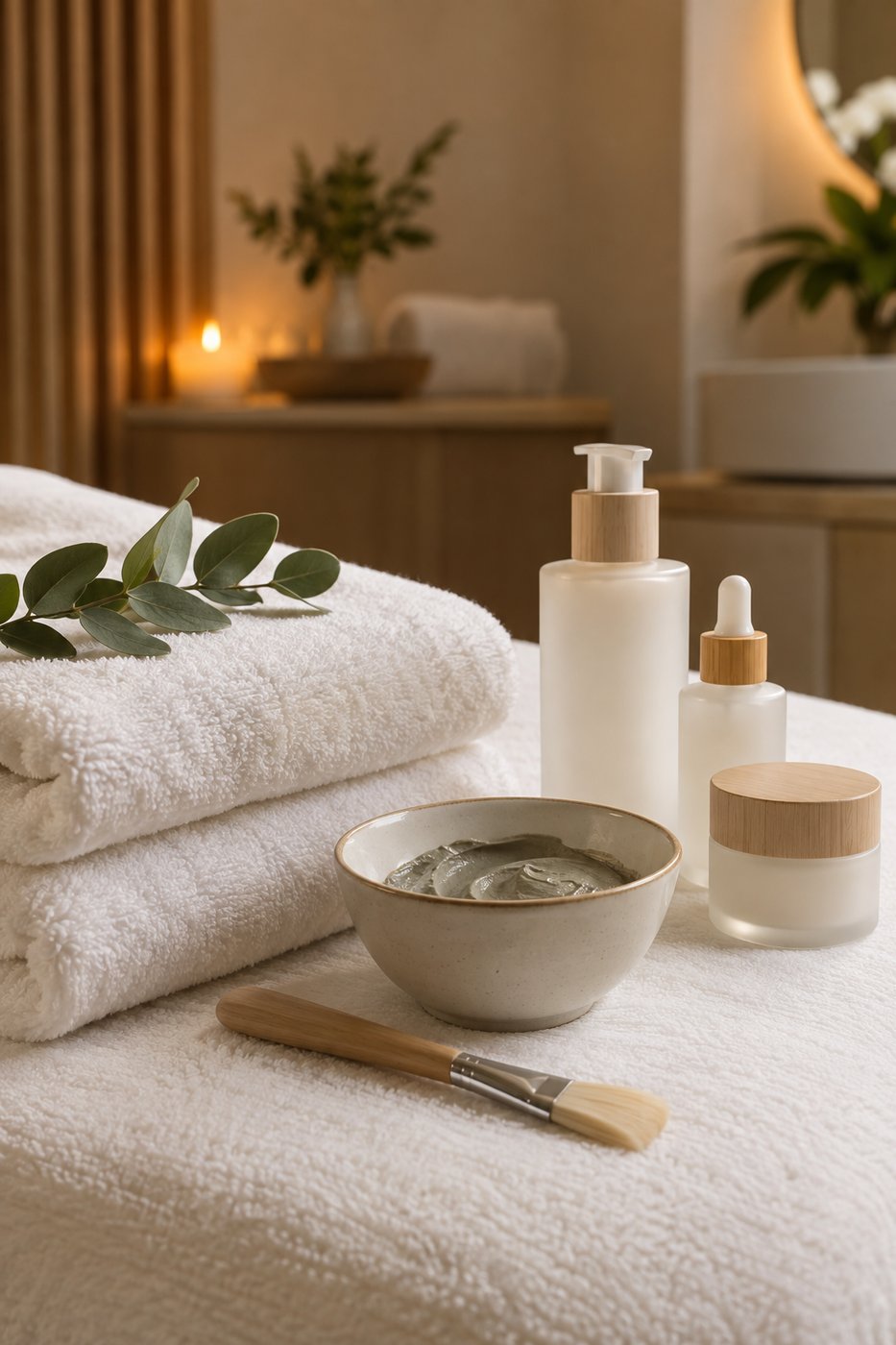 Calming spa facial still life: folded white towels, a cleansing mask bowl and skincare treatment products (AI-generated illustrative image)